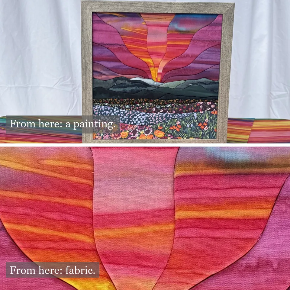 Two views of the same kinusaiga piece: from across the room it reads as a painting, up close it is fabric tucked into a board